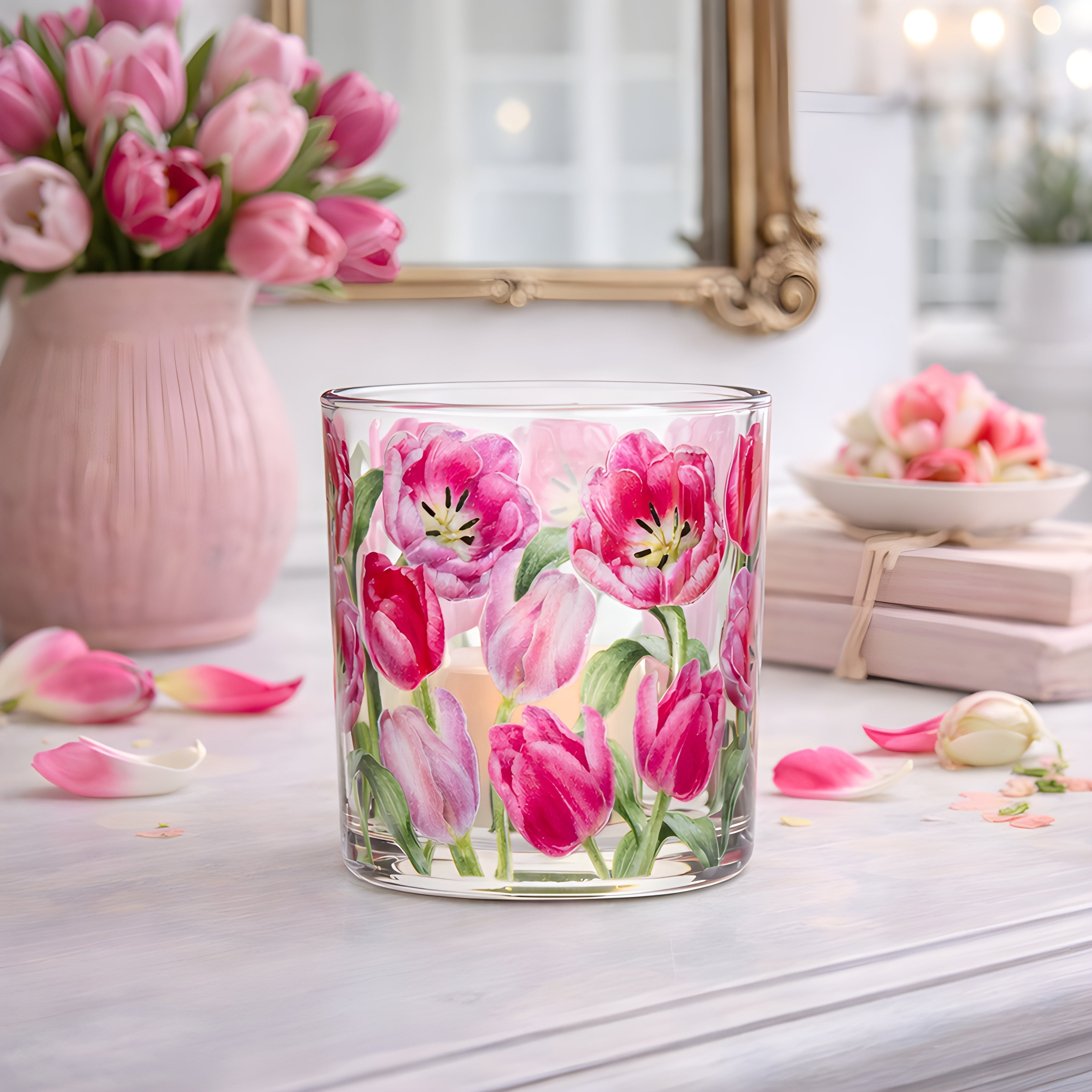 Pink Tulips Votive Glass 3 Inch Holder