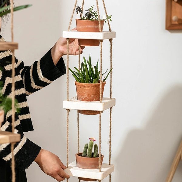 Wooden Rope Hanging Plant Shelf
