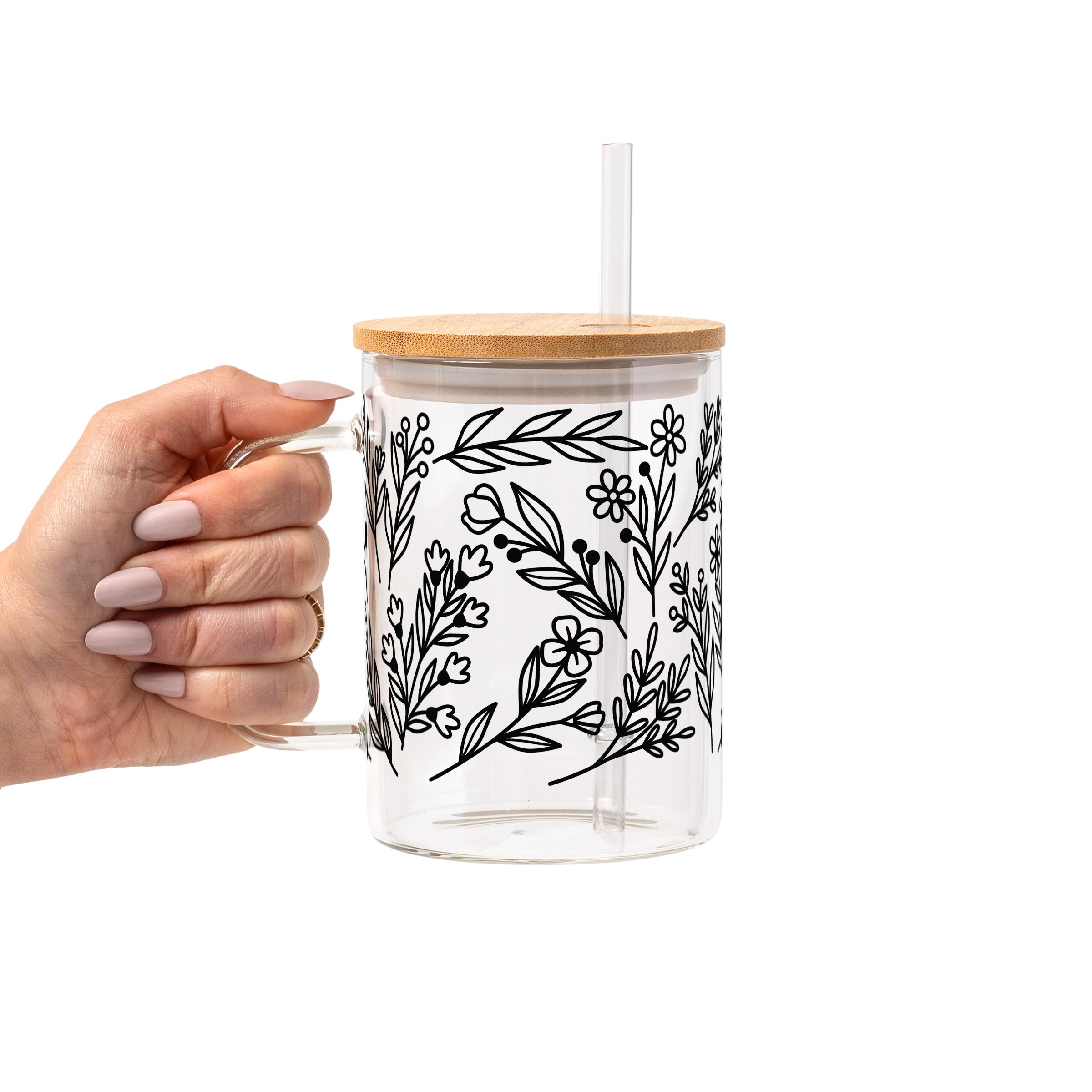 Black Floral Botanical Glass Cups