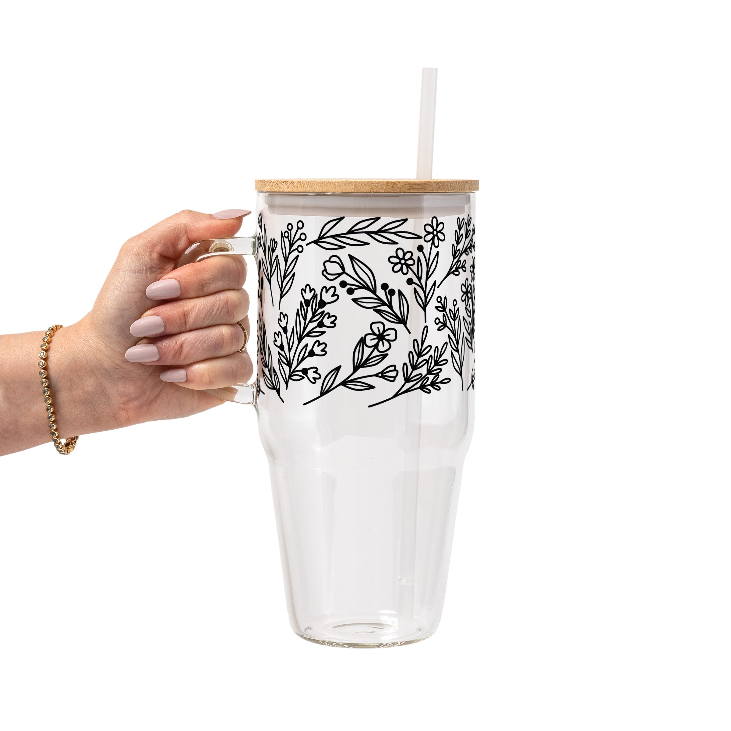 Black Floral Botanical Glass Cups