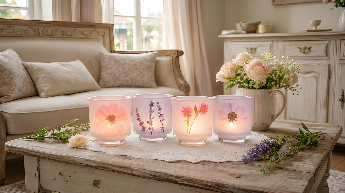 Frosted Glass Votive Candle Holder With Pressed Flowers Set of 4