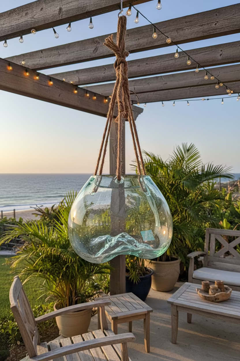 Hanging Fluid Freeform Glass Molten Terrarium with Rope