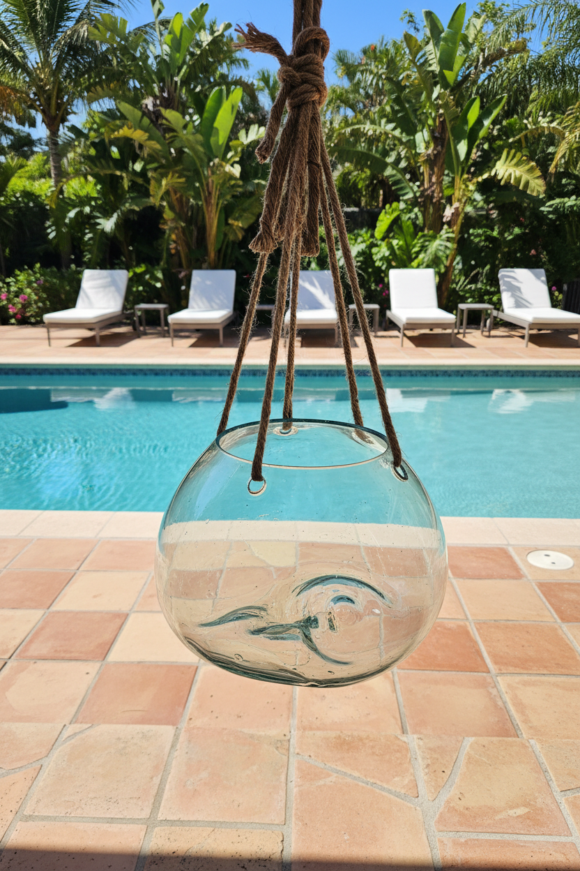 Hanging Fluid Freeform Glass Molten Terrarium with Rope